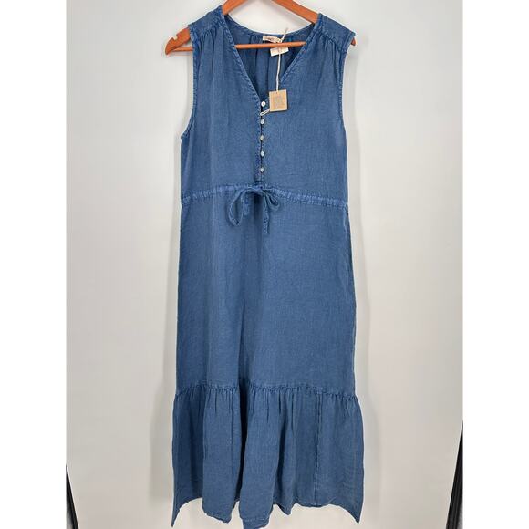 FAHERTY NWT Ojai Chambray Linen Blend Blue Tiered Maxi Dress // L - Picture 4 of 12